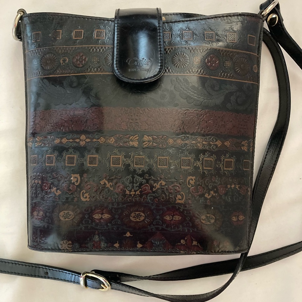Talja Black Embossed Colorful Patterned Italian Leather Crossbody Bag